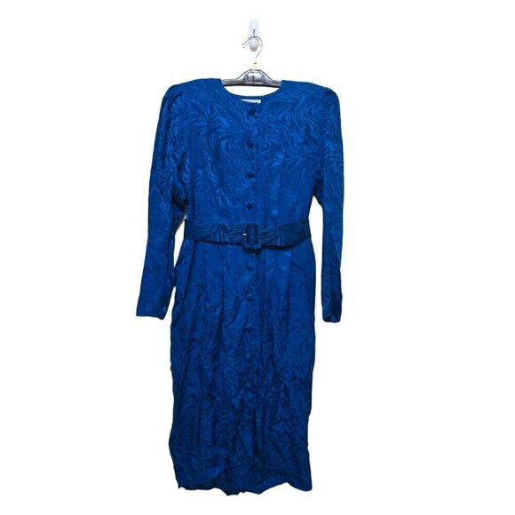 Adrianna Papell Vintage 80s Blue Print Pleated Silk Belted Midi Dress Sz 6 - Picture 1 of 9